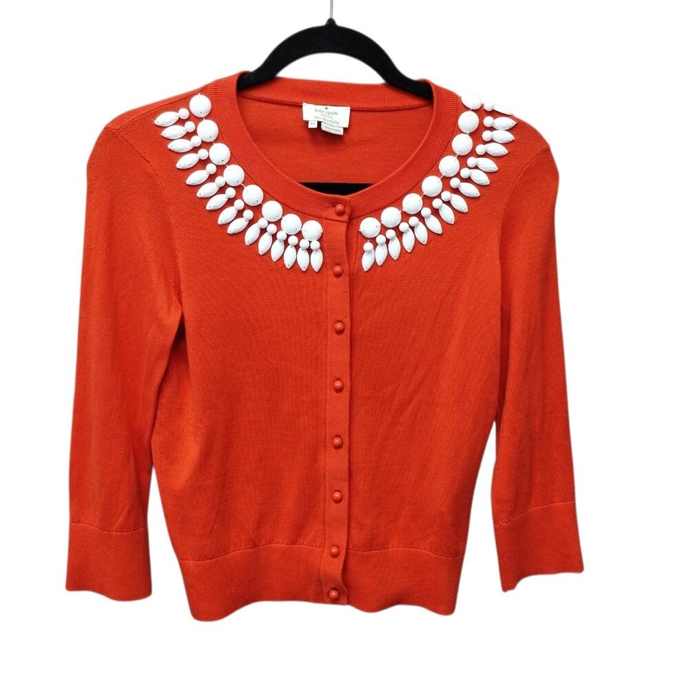 Kate Spade Womens Embellished Beaded Button Up Cardigan XS Orange Vibrant Office